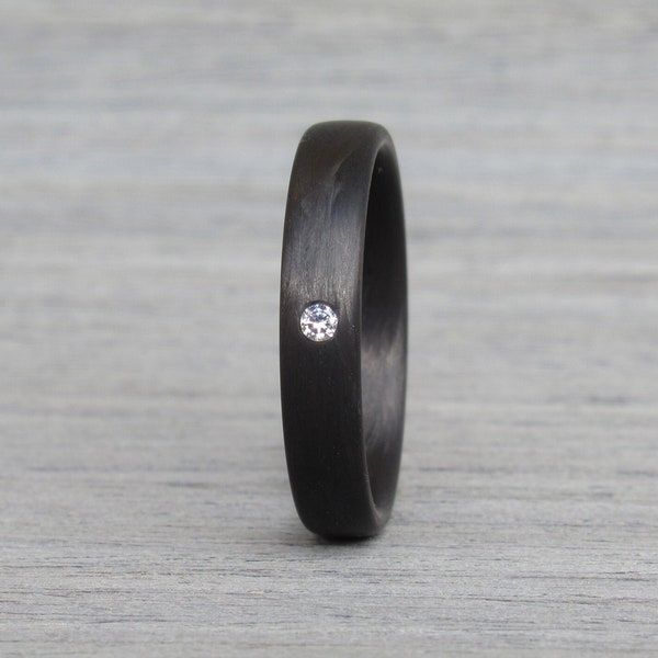 Black Wedding Band for Women, Carbon Fiber Ring, White Diamond, Industrial Jewelry, CZ Diamond Minimalist Ring, Black Ring, Stacking Ring