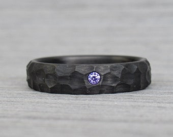 Obsidian Carbon Fiber Ring, Purple CZ Diamond, Goth Wedding Ring, Hammered Ring, Rough Ring, Obsidian Ring, Promise Ring for Women, Celtic