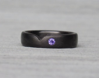 Schwarzes Herz Ring, Kohlefaser Ring, Lila Herz Ring, CZ Diamant Ring, Verlobungsring, Vorschlag Ring