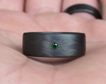 Emerald Wedding Ring, Carbon Fiber Wedding Band, Green CZ Diamond, Engagement Minimalist Ring, Flat Black Ring