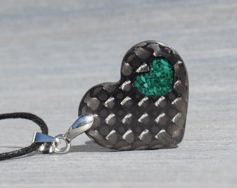 Malachite Necklace, Black Heart Women Choker, Carbon Fiber Pendant, Green Heart Necklace, Birthstone Necklace