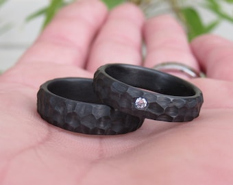 Matching Wedding Bands, Hammered Couples Rings, Obsidian Carbon Fiber Rings, CZ Diamond, Rough, Minimalist Rings, Promise Rings