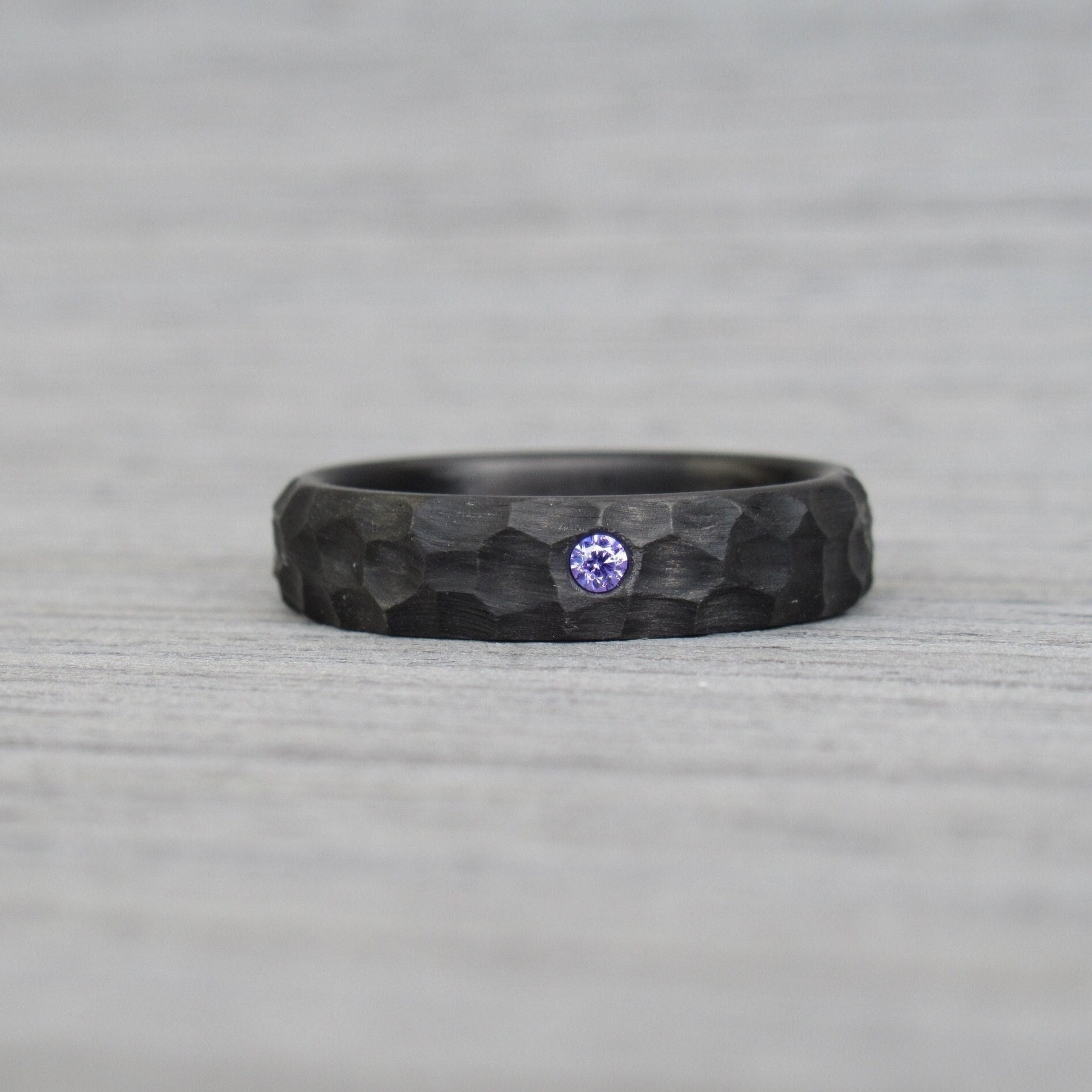 Obsidian Carbon Fiber Ring, Purple CZ Diamond, Goth Wedding Ring, Hammered Ring, Rough Ring, Obsidian Ring, Promise Ring for Women, Celtic
