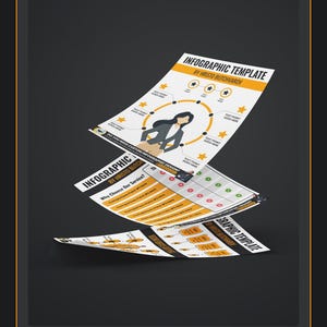 Op de afbeelding: Een zwart-gele infographic-sjabloon met een vrouw in een zakelijk pak die in het midden staat. Het sjabloon bevat tekstvakken, sterren en cirkels. De tekst op het sjabloon luidt "INFOGRAPHIC TEMPLATE BY HRISTO BUTCHVAROV" en "DO YOU NEED CUSTOM INFOGRAPHIC DESIGN?"