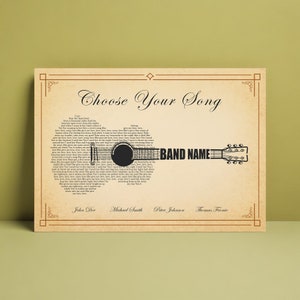May include: A vintage-style printable poster with a song lyric template. The poster features a black and white silhouette of a guitar with the text "Choose Your Song" and "BAND NAME" printed on it. The poster also includes the names "John Doe", "Michael Smith", "Peter Johnson", and "Thomas Fronie".