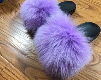 purple fur slippers