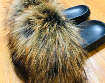 big faux fur slides