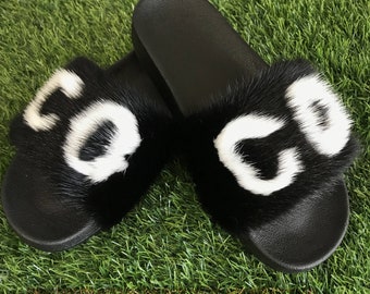 coco chanel fur slides