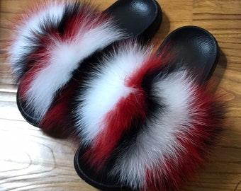 red faux fur slides