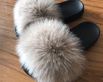 Fox Fur Slippers Slides Shoes Furry Fluffy Slipper Flip Flops Sandals Sliders Drag Sandal,Grey,6