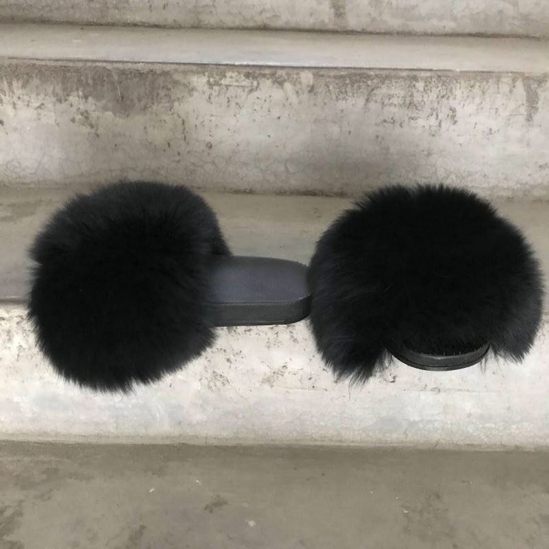 black fox fur sliders