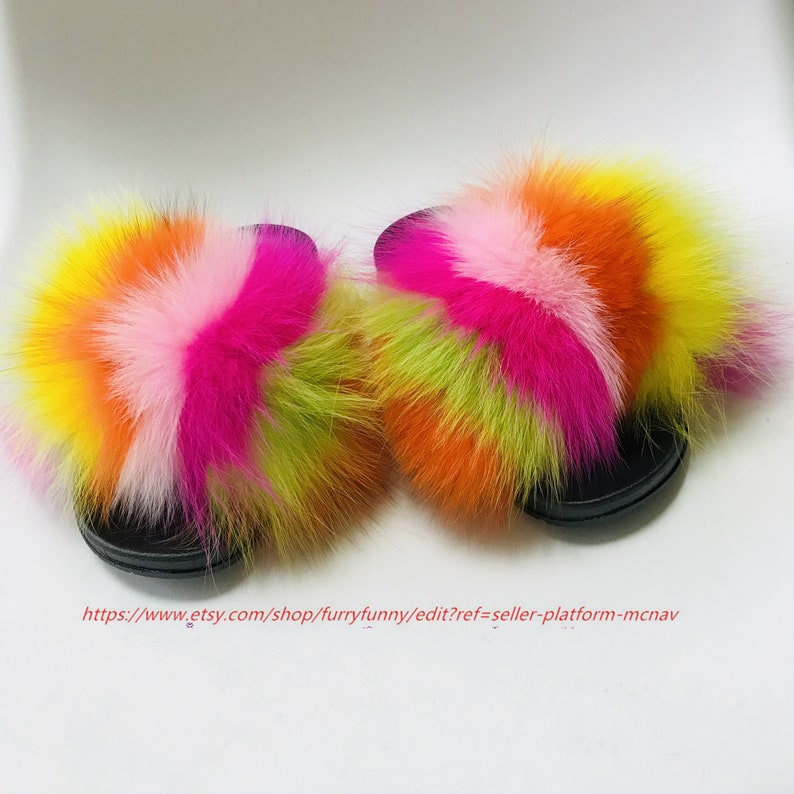 rainbow fox fur slides