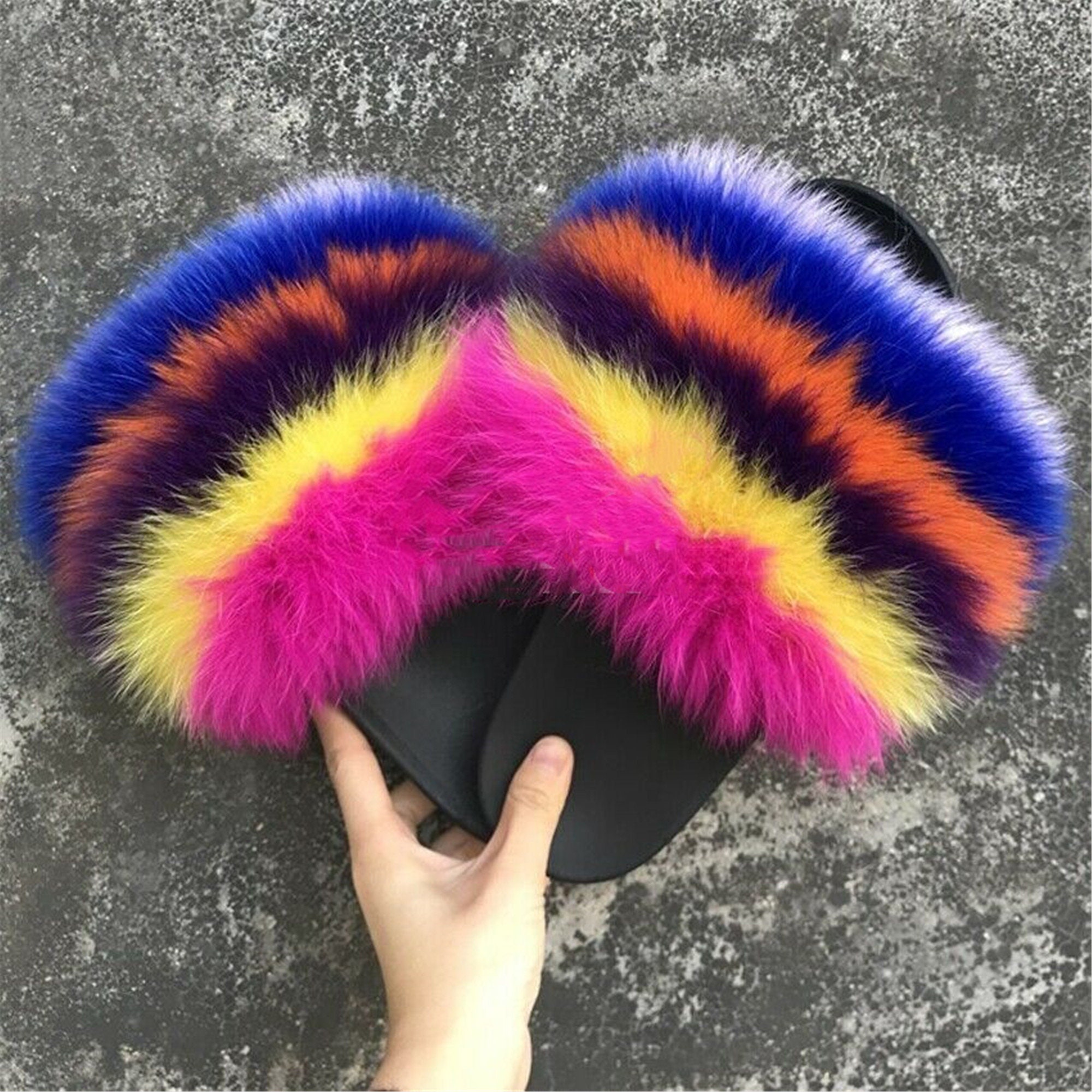 Rainbow Stripe Large Fur Slides Real Fox Fur Slides Fluffy Fur Etsy