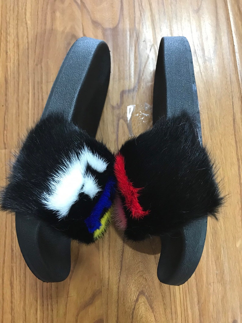 Black Multicolored Letter Mink Fur Slides Real Mink fur Sandals Summer beach Slippers Fashion Fur designer Shoes