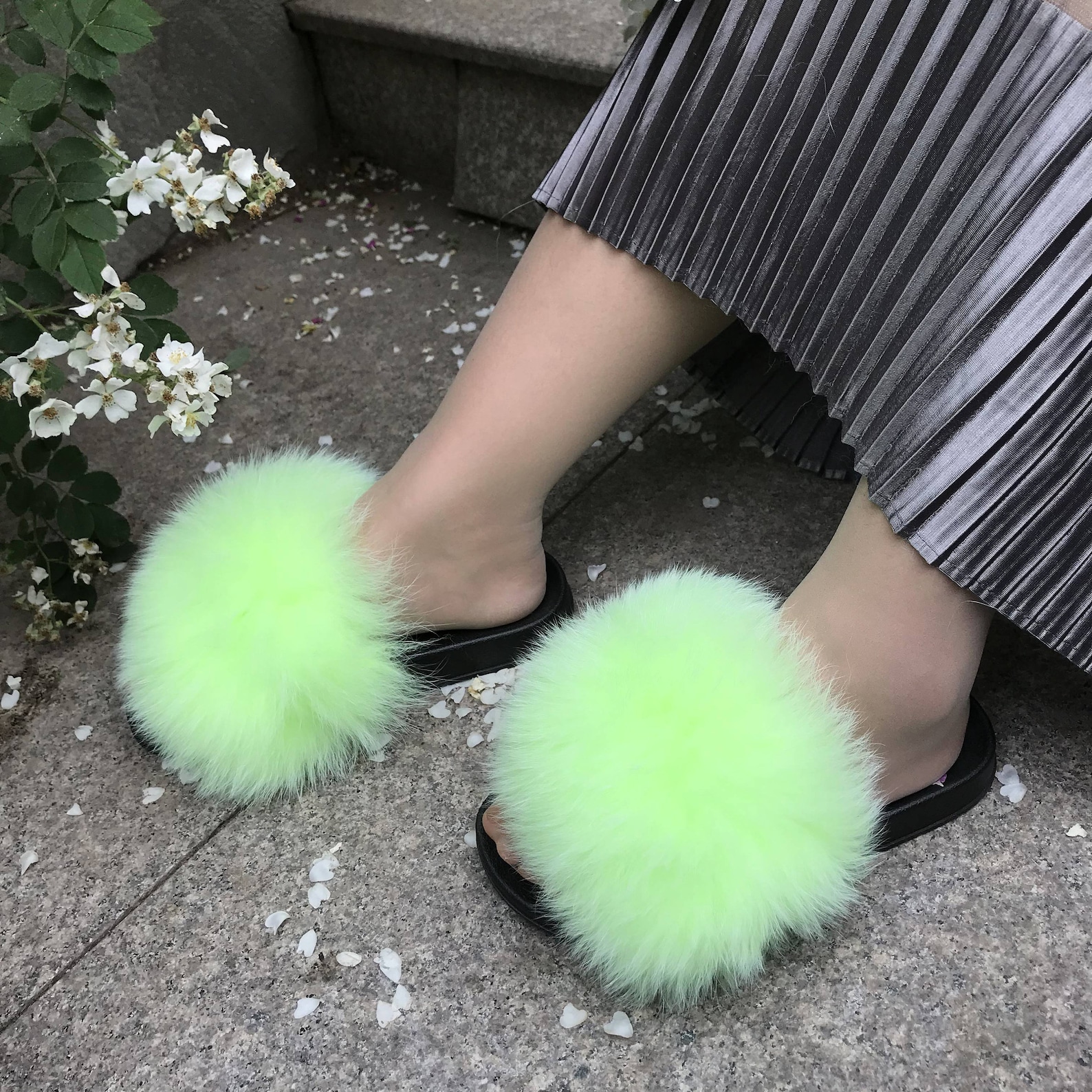 Neon Green Large Fur Slides Real Fox Fur Slides Fluffy Fur | Etsy