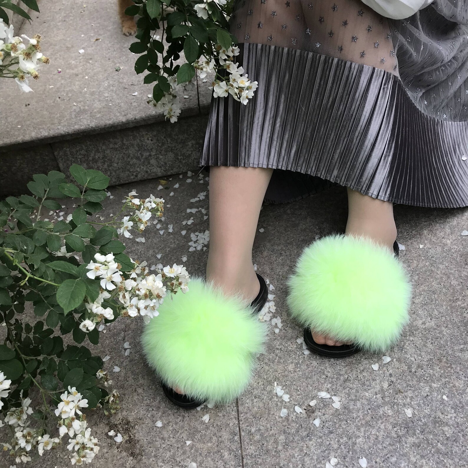 Neon Green Large Fur Slides Real Fox Fur Slides Fluffy Fur | Etsy