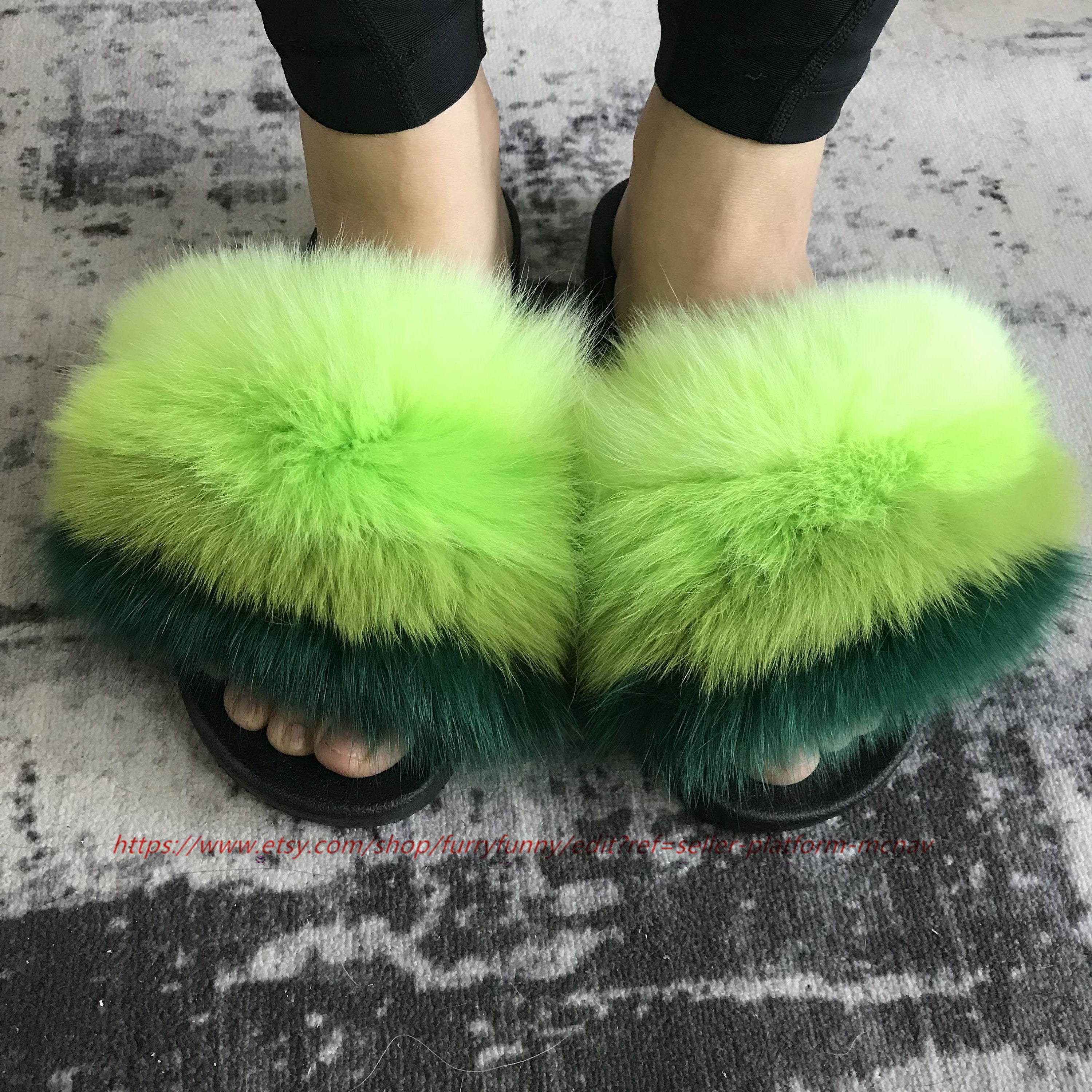 Gradient Green Stripe Slides Real Fox Fur Slides beach Sandals | Etsy
