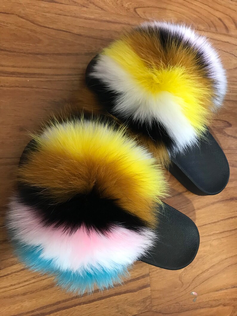 Large Fur Slides Multicolor Stripe Real Fox Fur Slides Fulffy Etsy