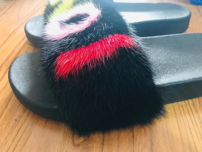 Black Multicolored Letter Mink Fur Slides Real Mink fur Sandals Summer beach Slippers Fashion Fur designer Shoes