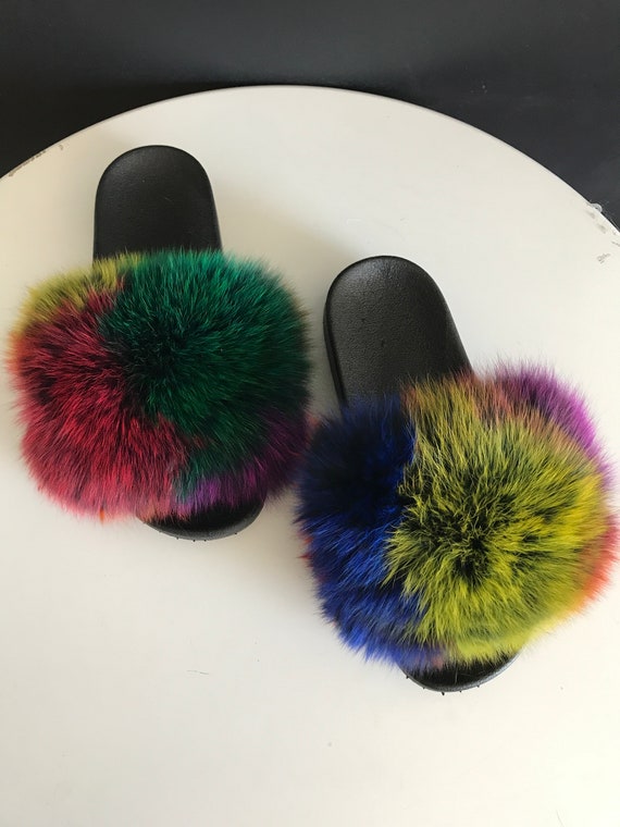 multicolor fur slides
