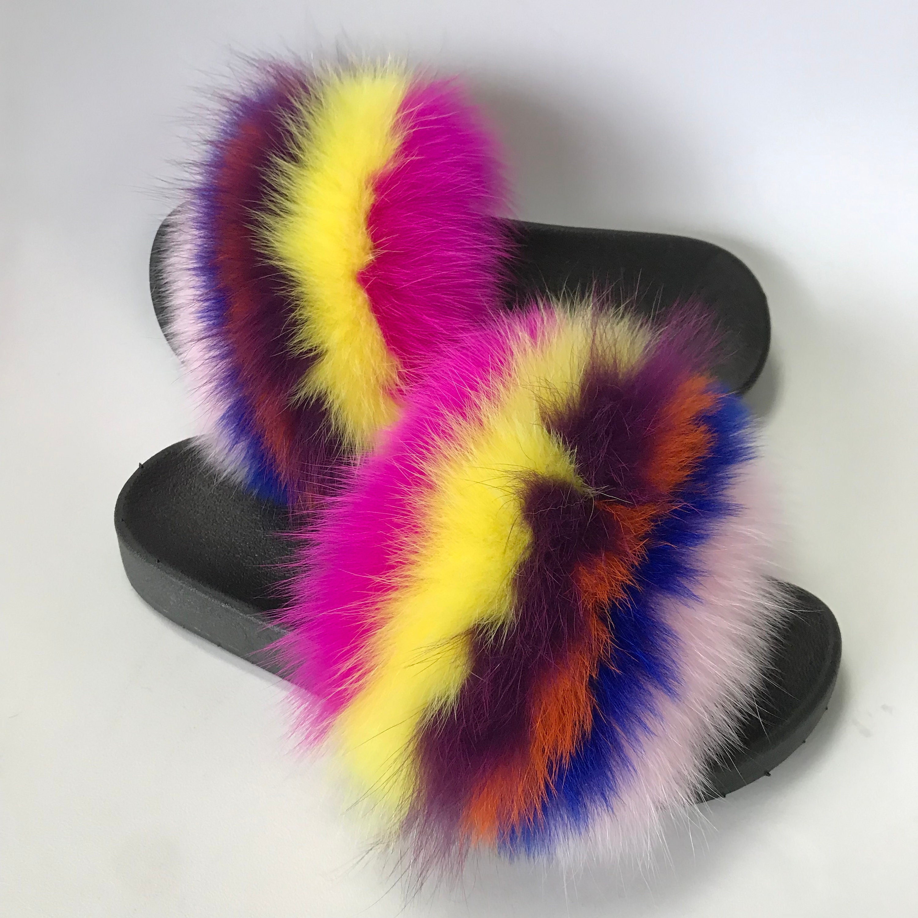 Fluffy Fur Slides Multicolor Stripe Real Fox Fur Indoor | Etsy