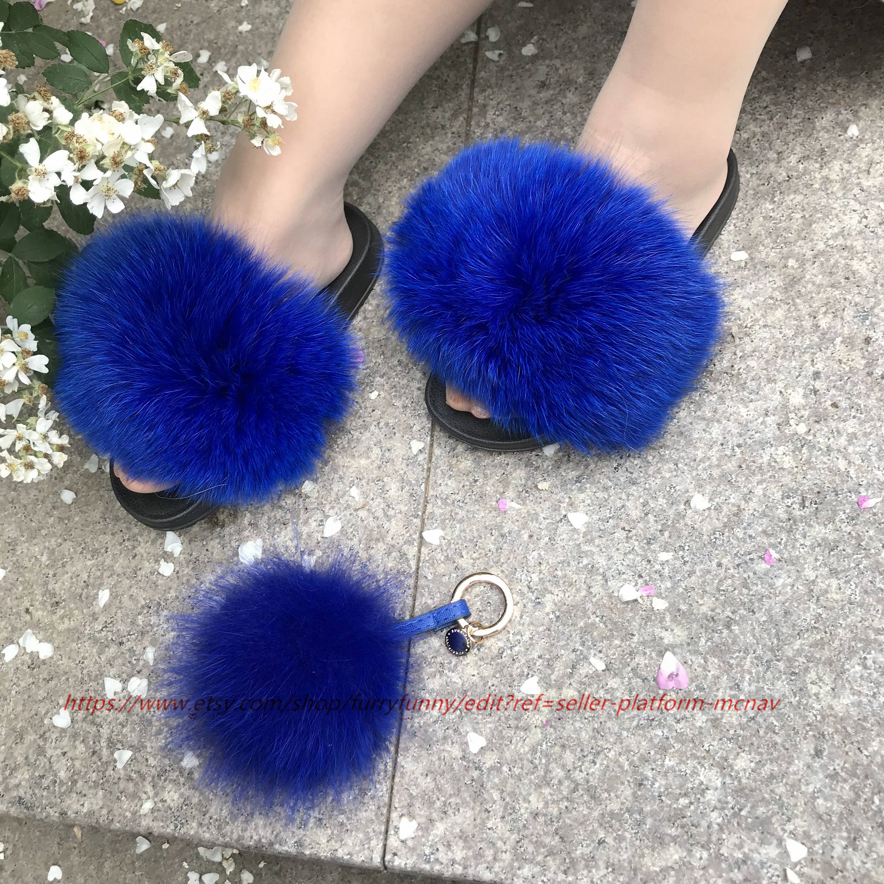 blue fur slippers