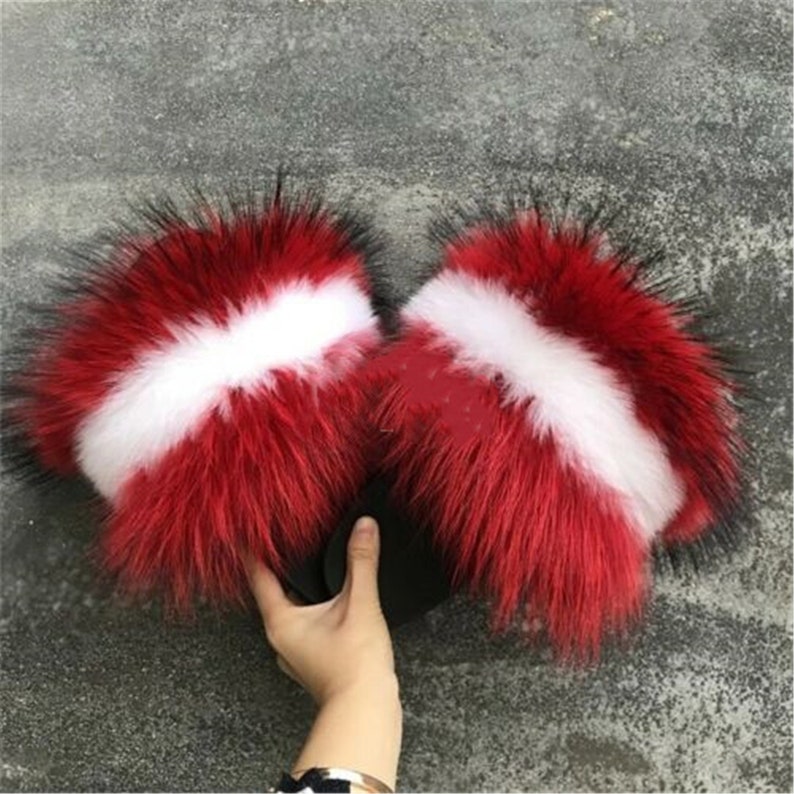 Red/White Stripe Fur Slides Real Fox Raccoon Fur Slides Fluffy | Etsy