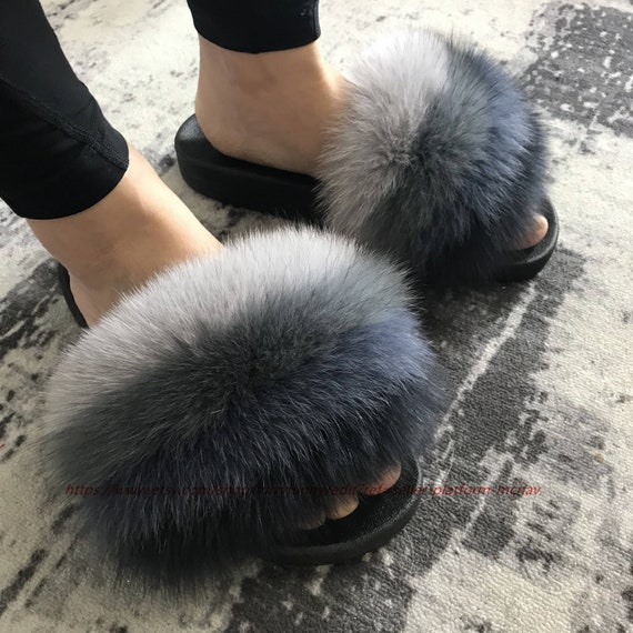 Gray shades Striped Real Fox Fur Fluffy Fur Slides Sandals fur | Etsy