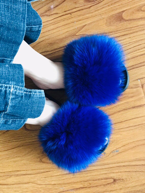 blue furry slippers