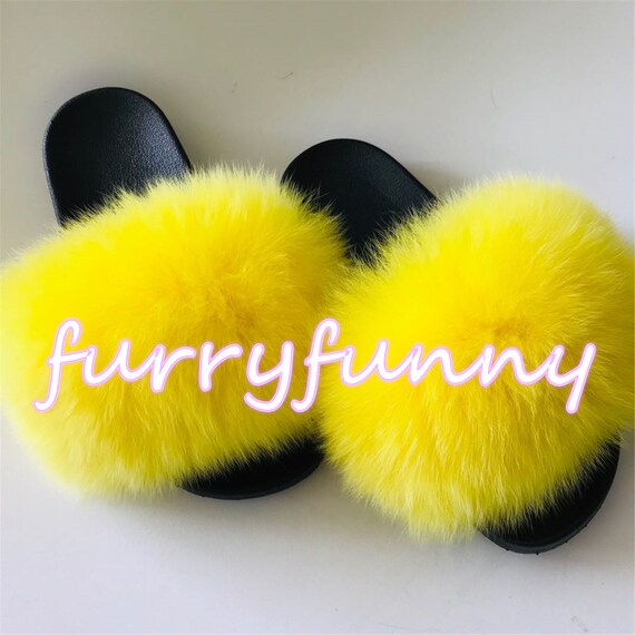 Yellow Large Fur Slides Real Fox Fur 