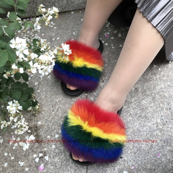 rainbow fur sandals