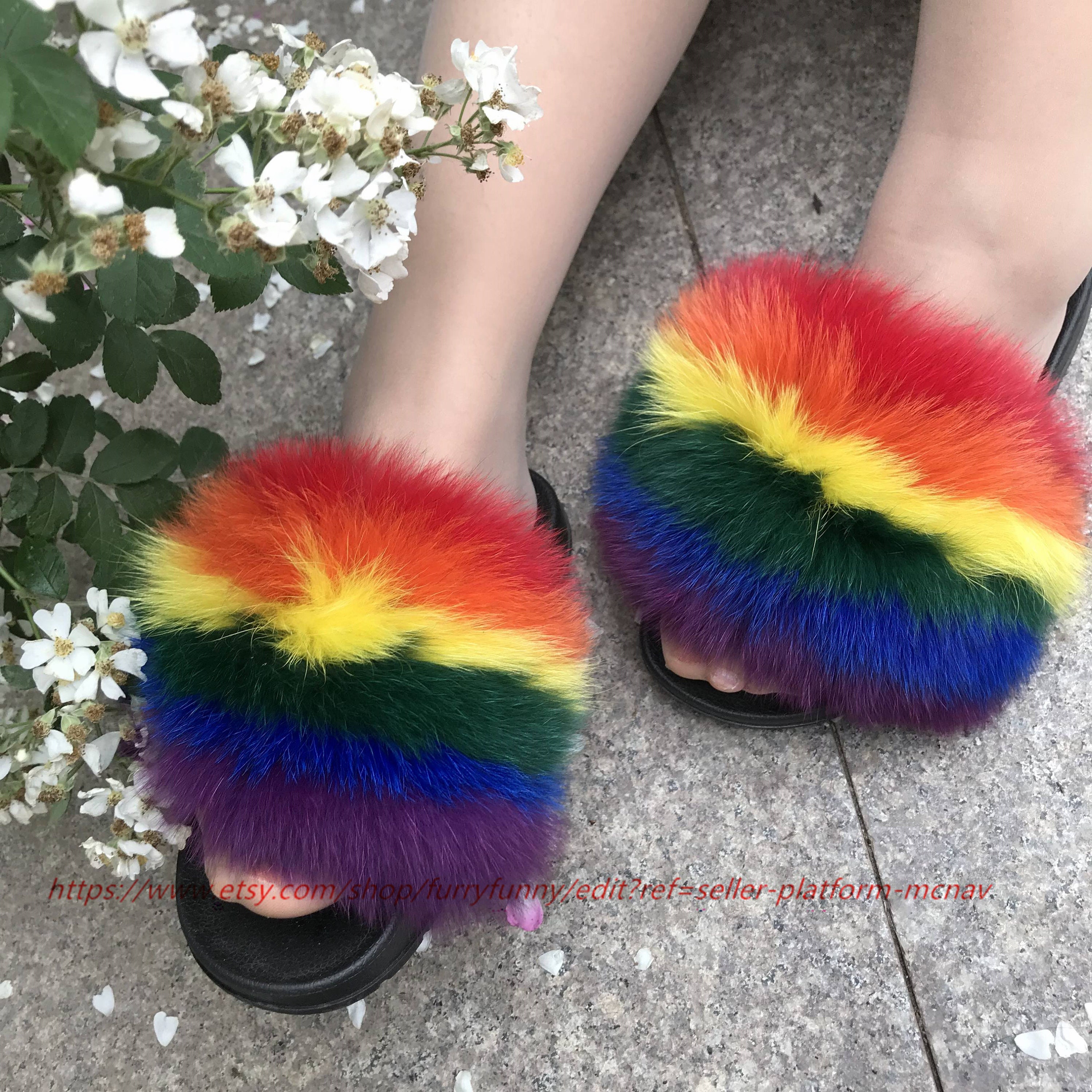 Large Fur Rainbow Real Fox Fur Slides Multicolored Fluffy Fur | Etsy