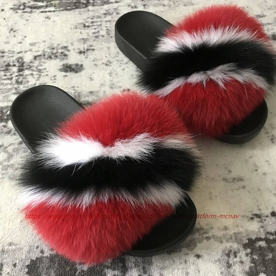 Large Fur Slides Real Fox Fur Slides Fulffy Fur TTO FLAG COLORS Slides Sandals Slippers Fashion Shoes