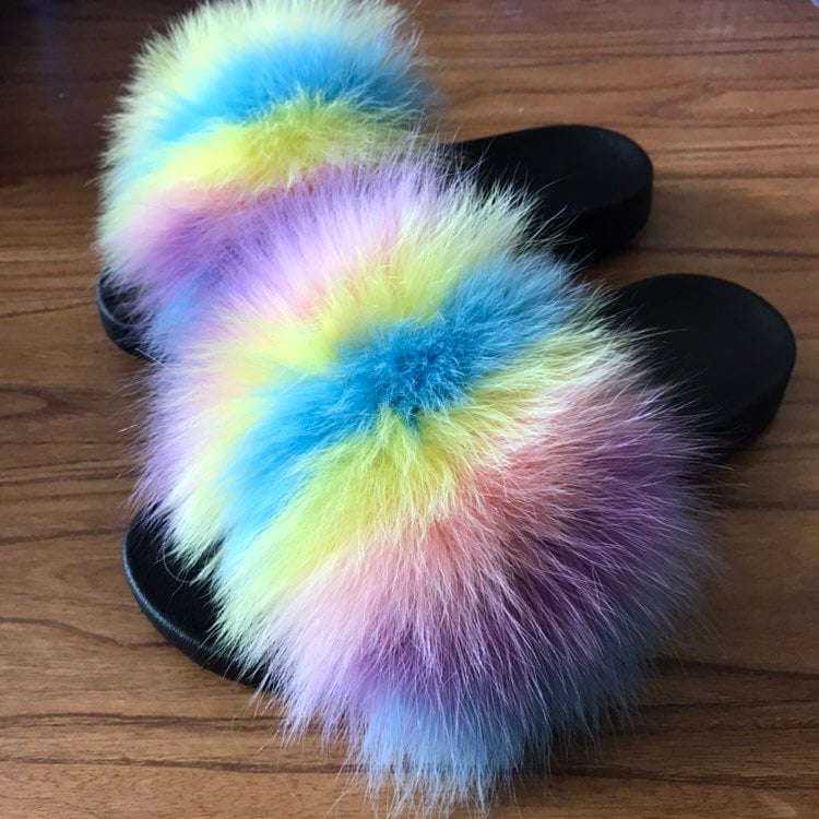 Multicolored Real Fox Fur Slides Fluffy Fur Slides Beach | Etsy