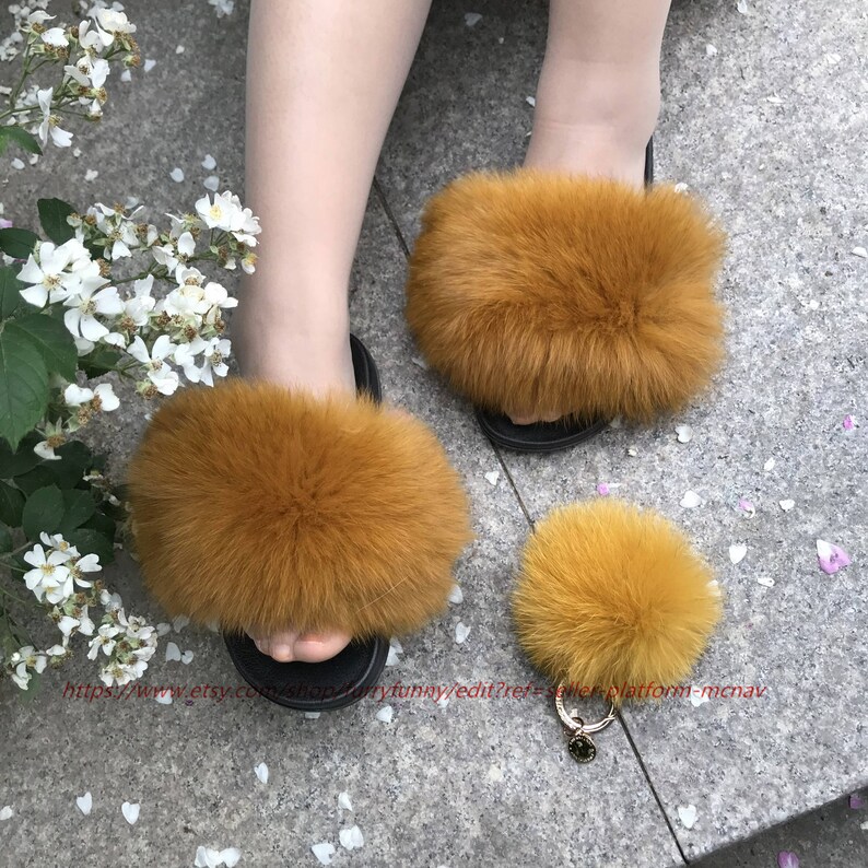 brown faux fur sliders