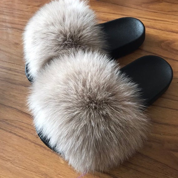 Creamy Khaki Real Fox Fur Slides Fluffy Fur Beach Sandals summer Slippers Fashion Shoes