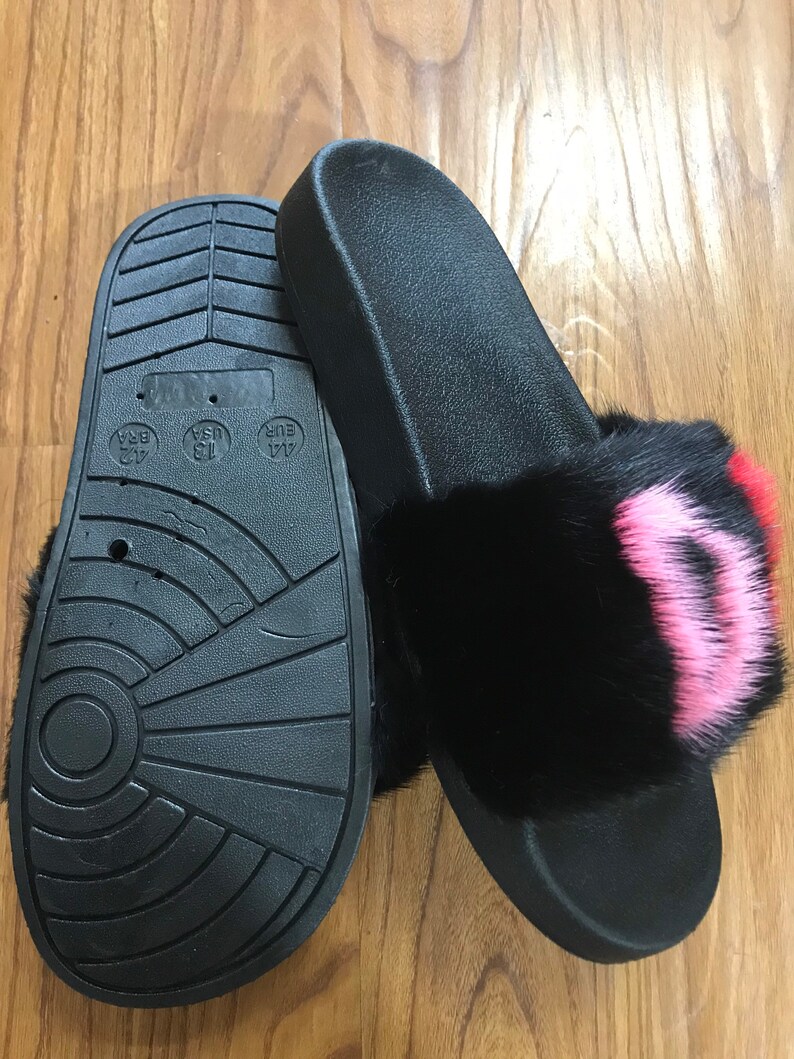 Black Multicolored Letter Mink Fur Slides Real Mink fur Sandals Summer beach Slippers Fashion Fur designer Shoes