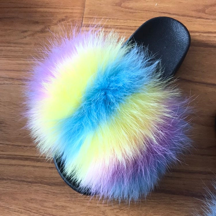 Multicolored Real Fox Fur Slides Fluffy Fur Slides Beach | Etsy