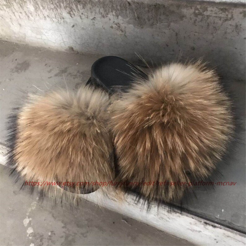 faux raccoon fur slides