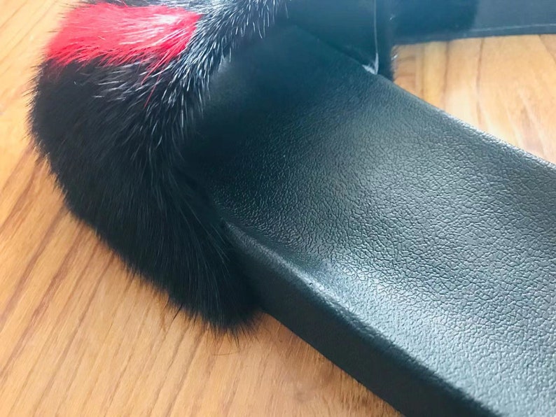 Black Multicolored Letter Mink Fur Slides Real Mink fur Sandals Summer beach Slippers Fashion Fur designer Shoes