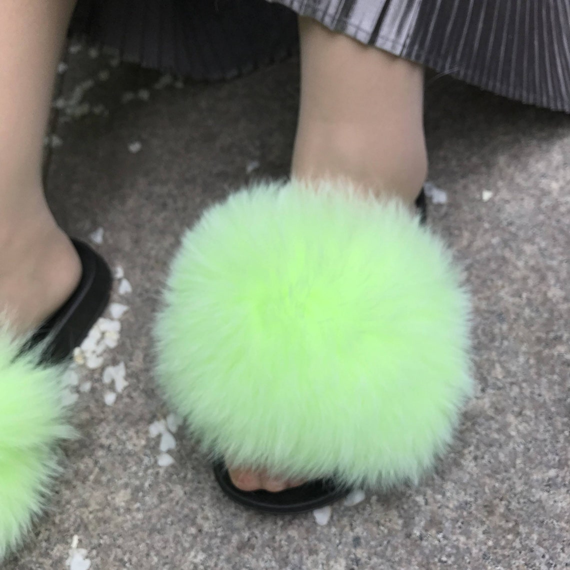 Neon Green Large Fur Slides Real Fox Fur Slides Fluffy Fur | Etsy