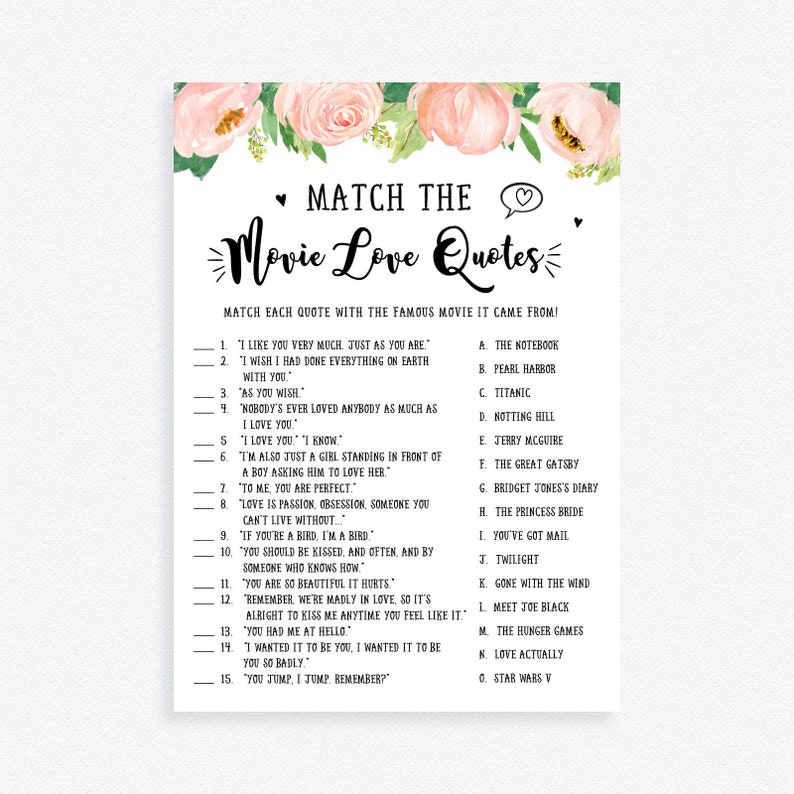 Virtual Movie Love Quotes Bridal Shower Game . Wedding Shower Etsy