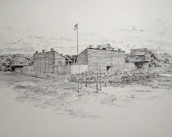 Dibujo a lápiz de un fuerte histórico, Fort Wayne, Indiana