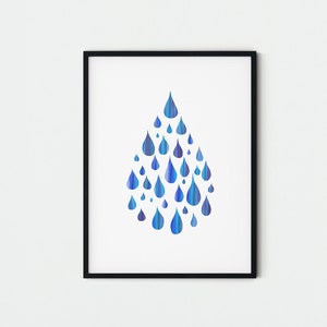 Impressão de arte de gota de chuva para banheiro - arte de chuva para impressão, arte de parede de berçário, decoração de parede azul marinho