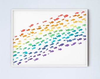 Impressão de aquarela de peixe arco-íris para berçário: arte de parede em tons pastel excêntrica (download digital)