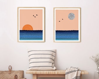 Aquarelprintset zon en maan: bohogalerij kunst aan de muur (digitale download)