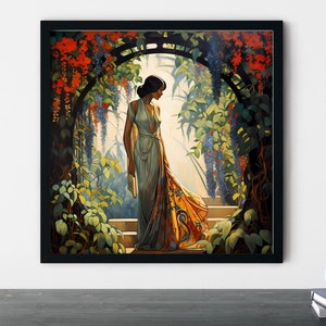 Glamorous Art Deco woman in botanical garden - vintage art print - digital download art - Art Deco wall art print