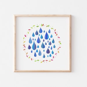 Badezimmer Wandkunst, blaue Regentropfen, Regentropfen Kunst, blaue Regentropfen und kleine Regenschirme, druckbare Wandkunst