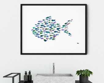 Bright colorful fish bathroom wall art, printable wall art, school of fish wall decor, fish printable