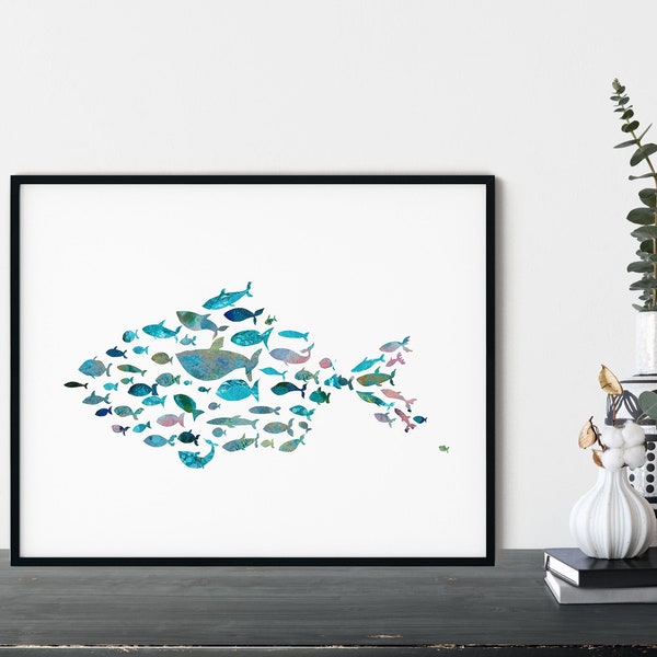 Bathroom wall art, watercolor fish, printable wall art, printable bathroom decor, fish painting coastal wall art